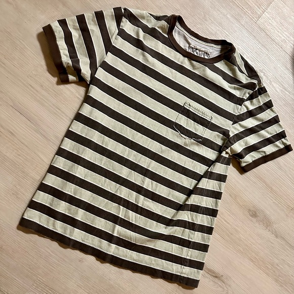 Men's Striped Pocket T-shirt | Brown/Light Stripes | Size Small Casual Comfort - Picture 2 of 8